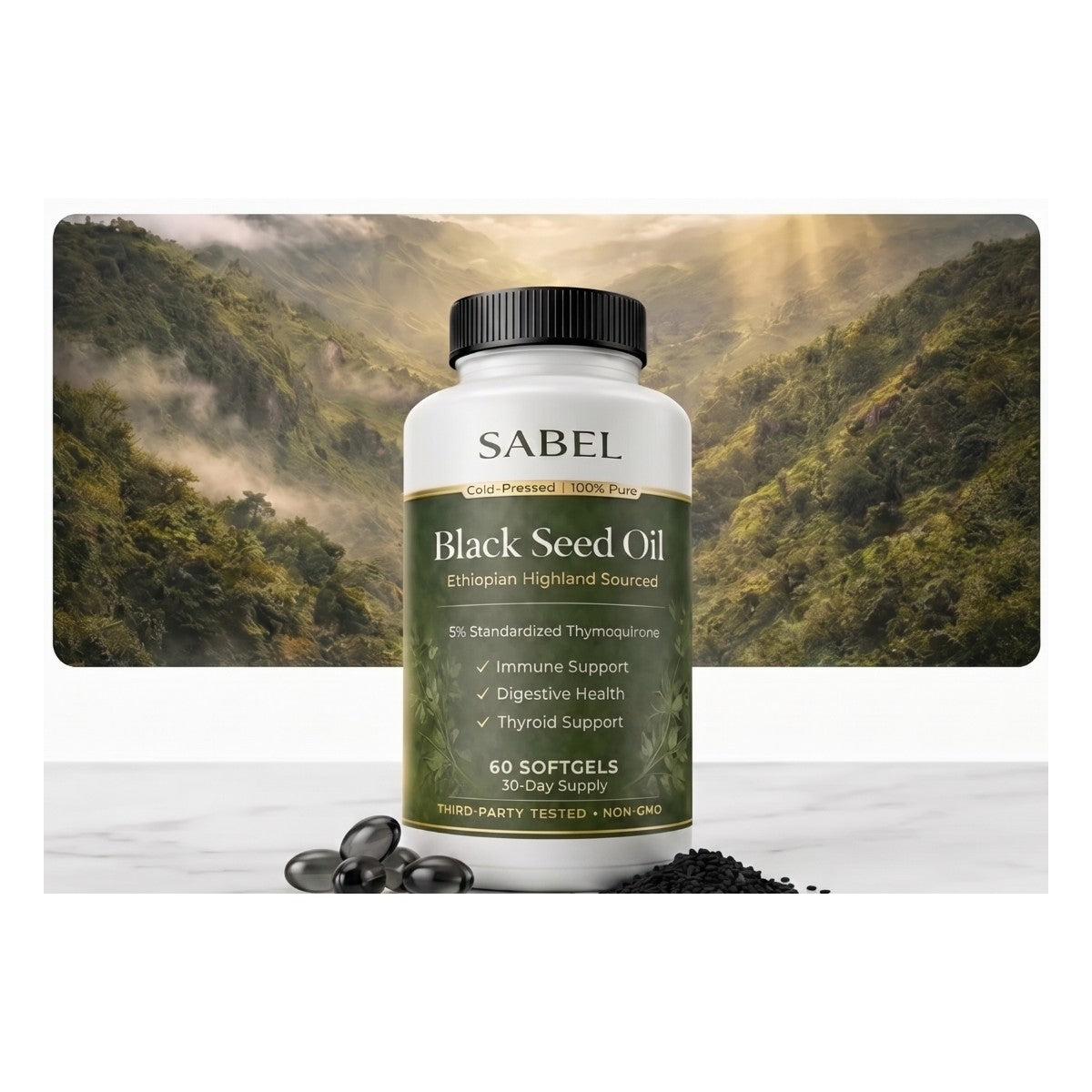 Black seed oil bottle in the Ethiopian highlands