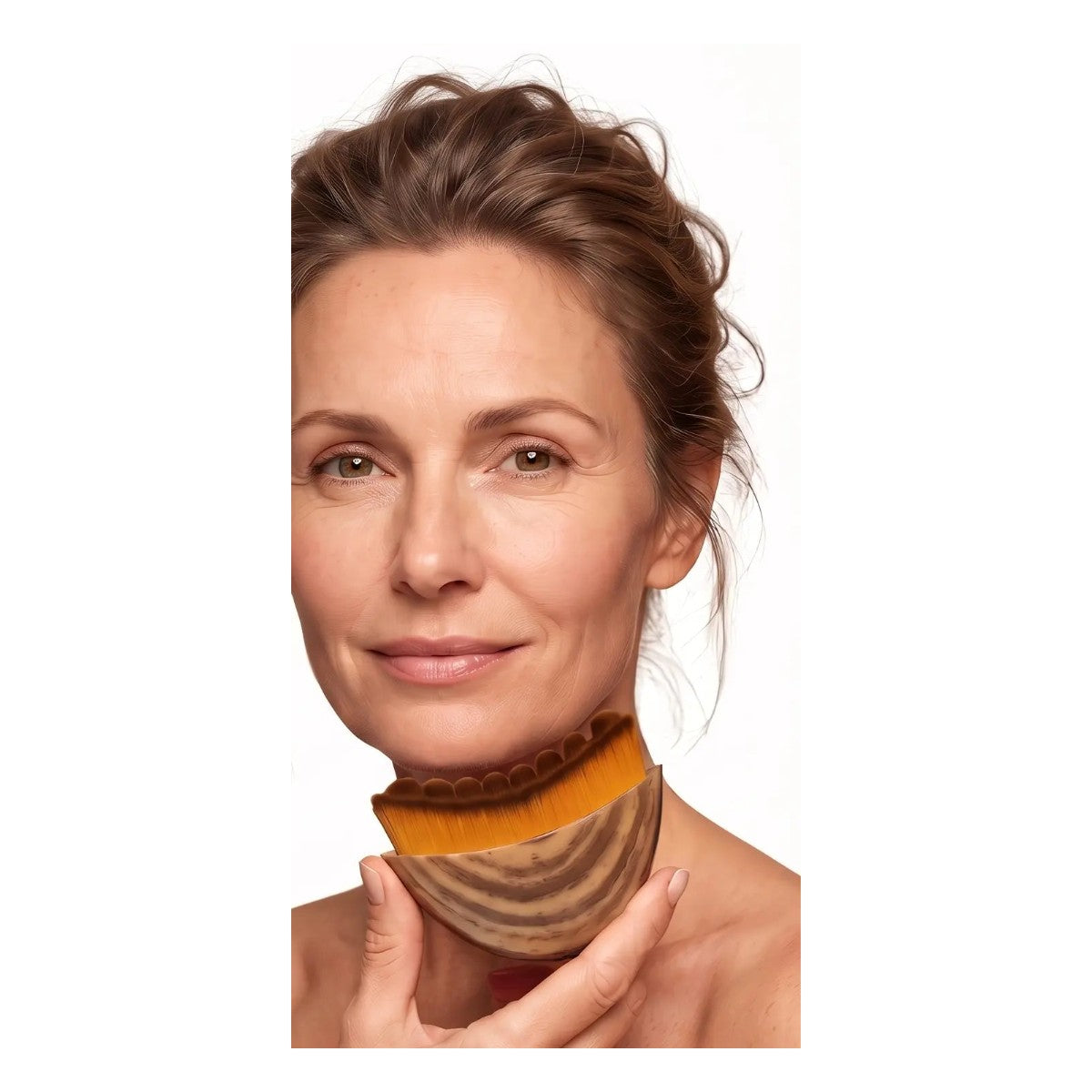 Woman gliding the facial brush along her neck