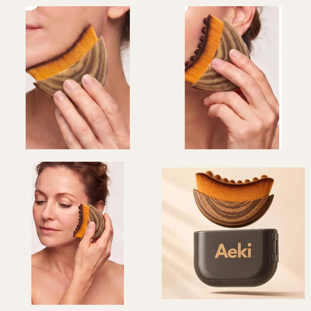 Face brush used on jawline, cheeks and eye area, with case