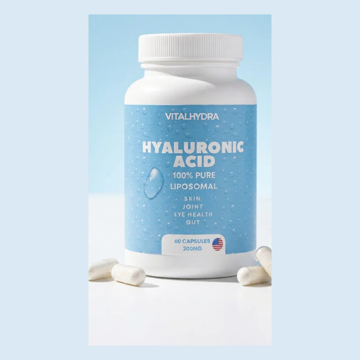 Liposomal hyaluronic acid capsule bottle with loose capsules