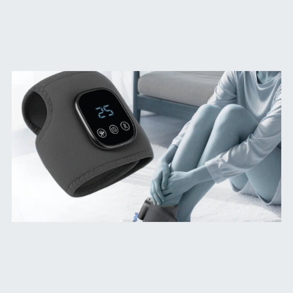 Ankle massager next to a woman wearing it on her ankle