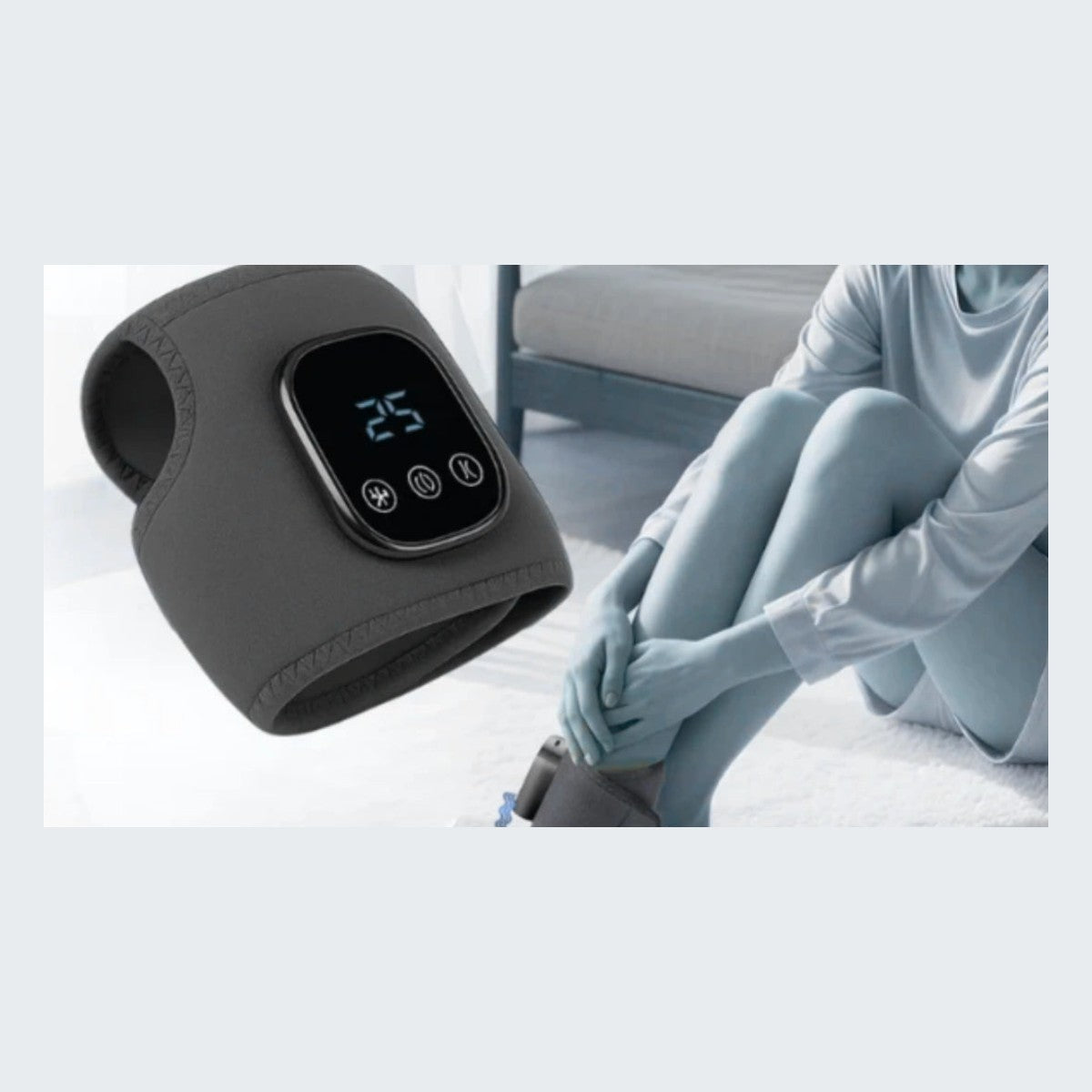 Ankle massager next to a woman wearing it on her ankle
