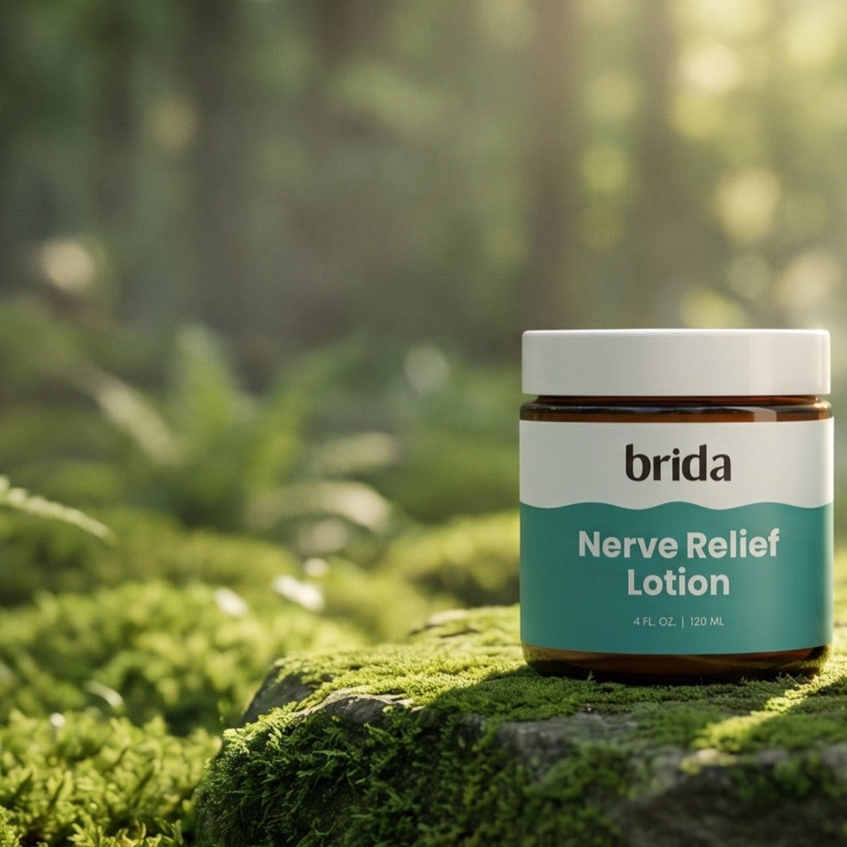 Nerve Relief Lotion jar on moss in a sunlit forest