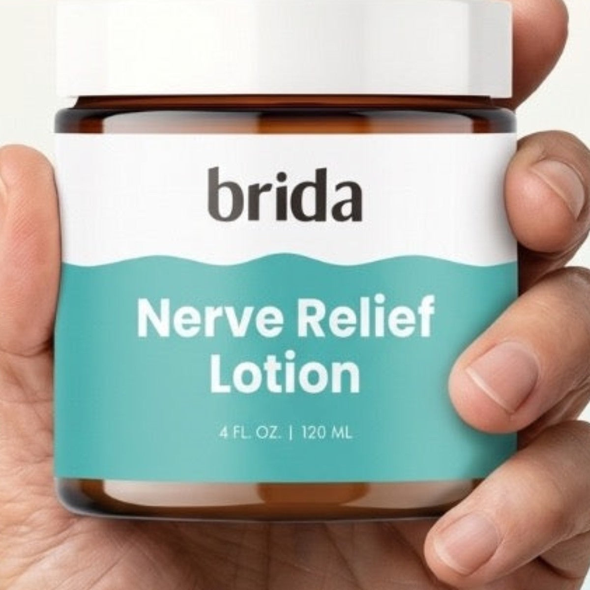 Hand holding the 120 ml Nerve Relief Lotion jar