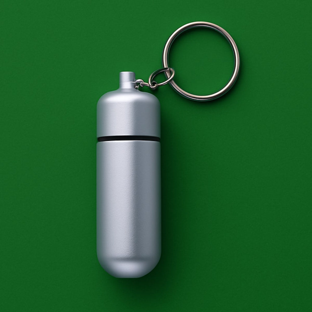 Silver keychain pill case with key ring, close-up