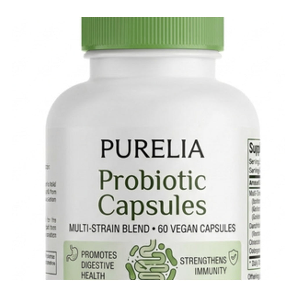 Close-up of the Purelia probiotic capsules bottle label