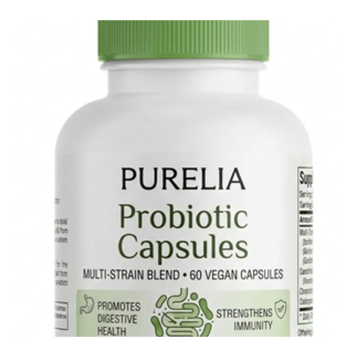Close-up of the Purelia probiotic capsules bottle label