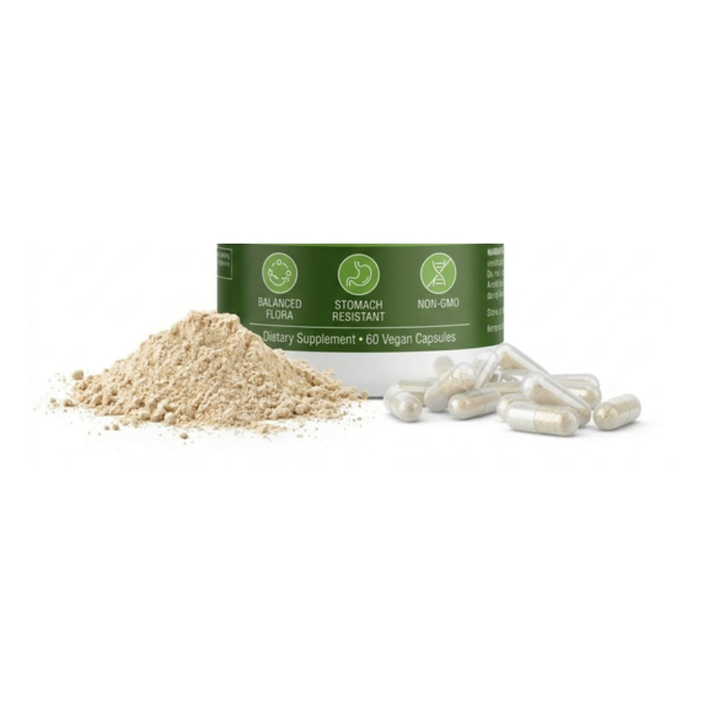 Probiotic powder and vegan capsules beside the bottle