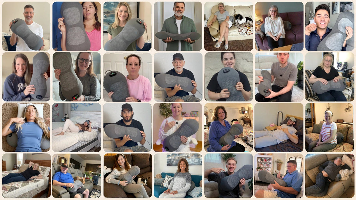 Collage of people at home using and holding the lumbar massage pillow