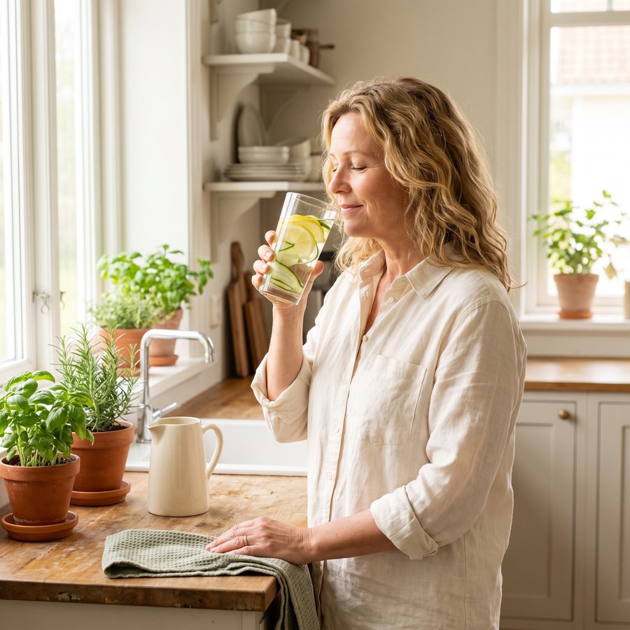 Woman drinking a glass of water at the kitchen sink