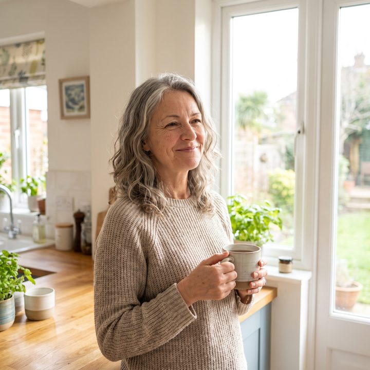 Woman holding a mug and smiling in a bright kitchen