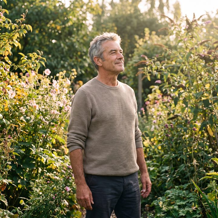 Mature man standing in a sunny garden