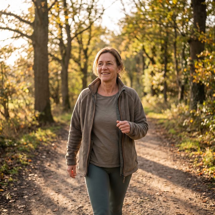 Woman walking on a woodland path in autumn