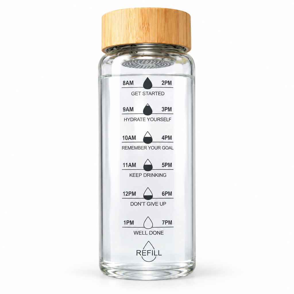 Glass Water Bottle with Time Markings | Borosilicate, Leakproof Bamboo Lid | Eco-Friendly, BPA-Free, Reusable