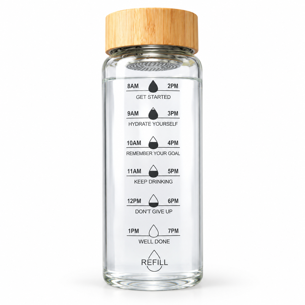 Glass Water Bottle with Time Markings | Borosilicate, Leakproof Bamboo Lid | Eco-Friendly, BPA-Free, Reusable