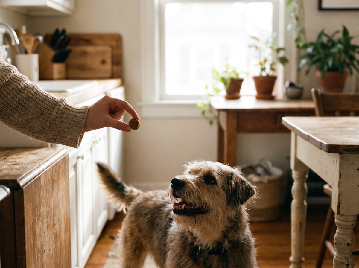 Owner handing a soft chew to a scruffy dog in the kitchen