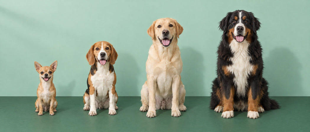 Four dogs of different sizes sitting in a row