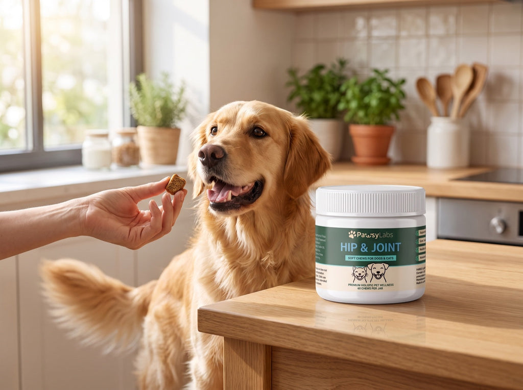 Golden retriever reaching for a soft chew next to the jar
