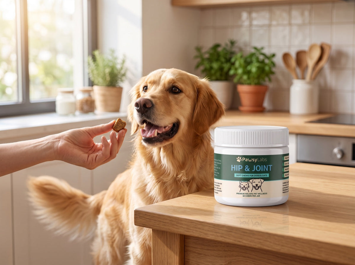 Golden retriever reaching for a soft chew next to the jar