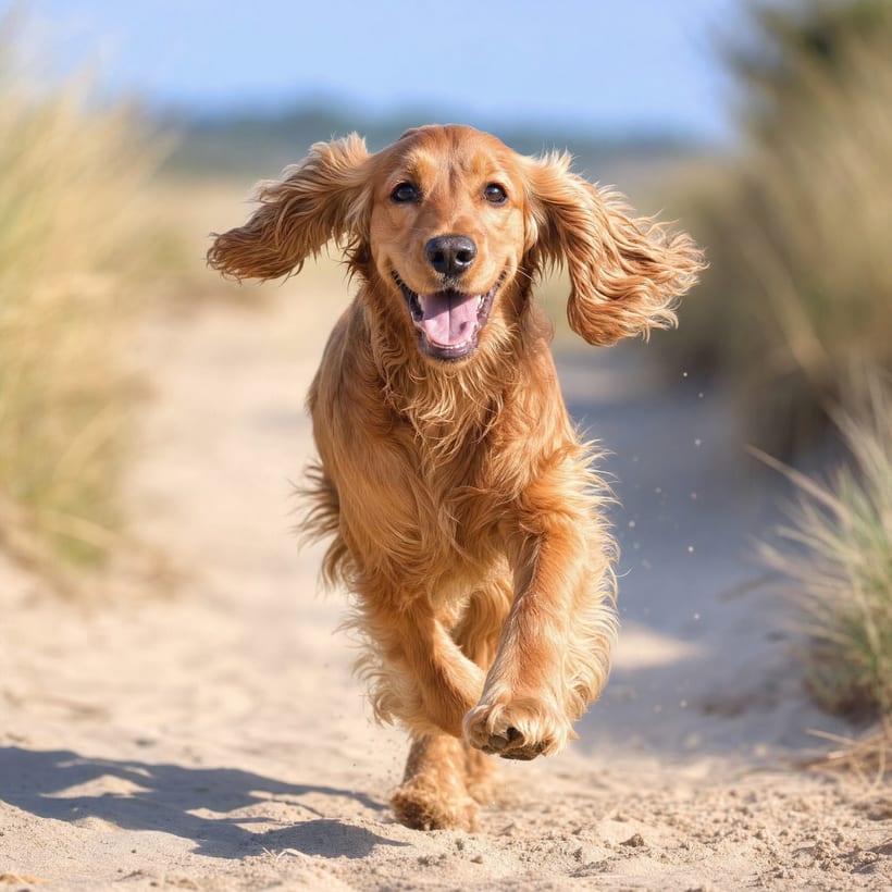 Dog running happily along a sandy path