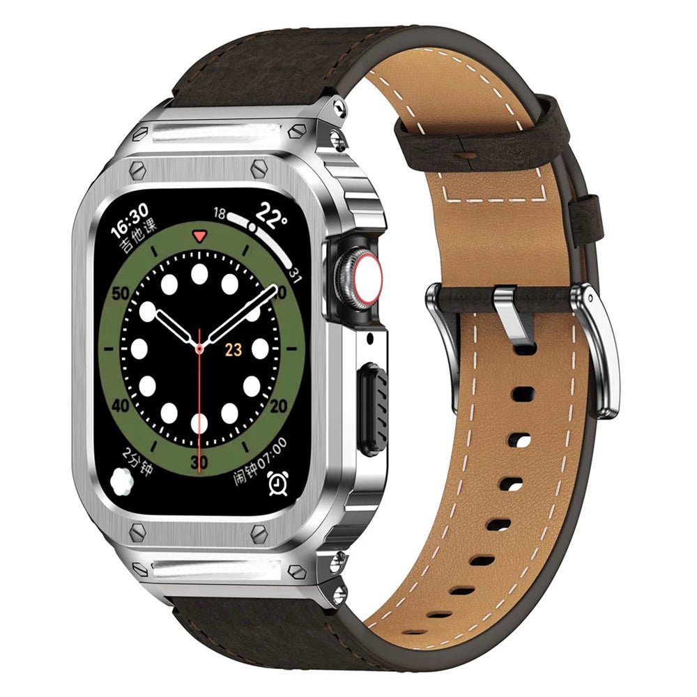 Cinturino in pelle premium con cassa in acciaio inox per Apple Watch