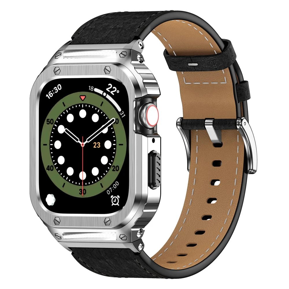 Cinturino in pelle premium con cassa in acciaio inox per Apple Watch