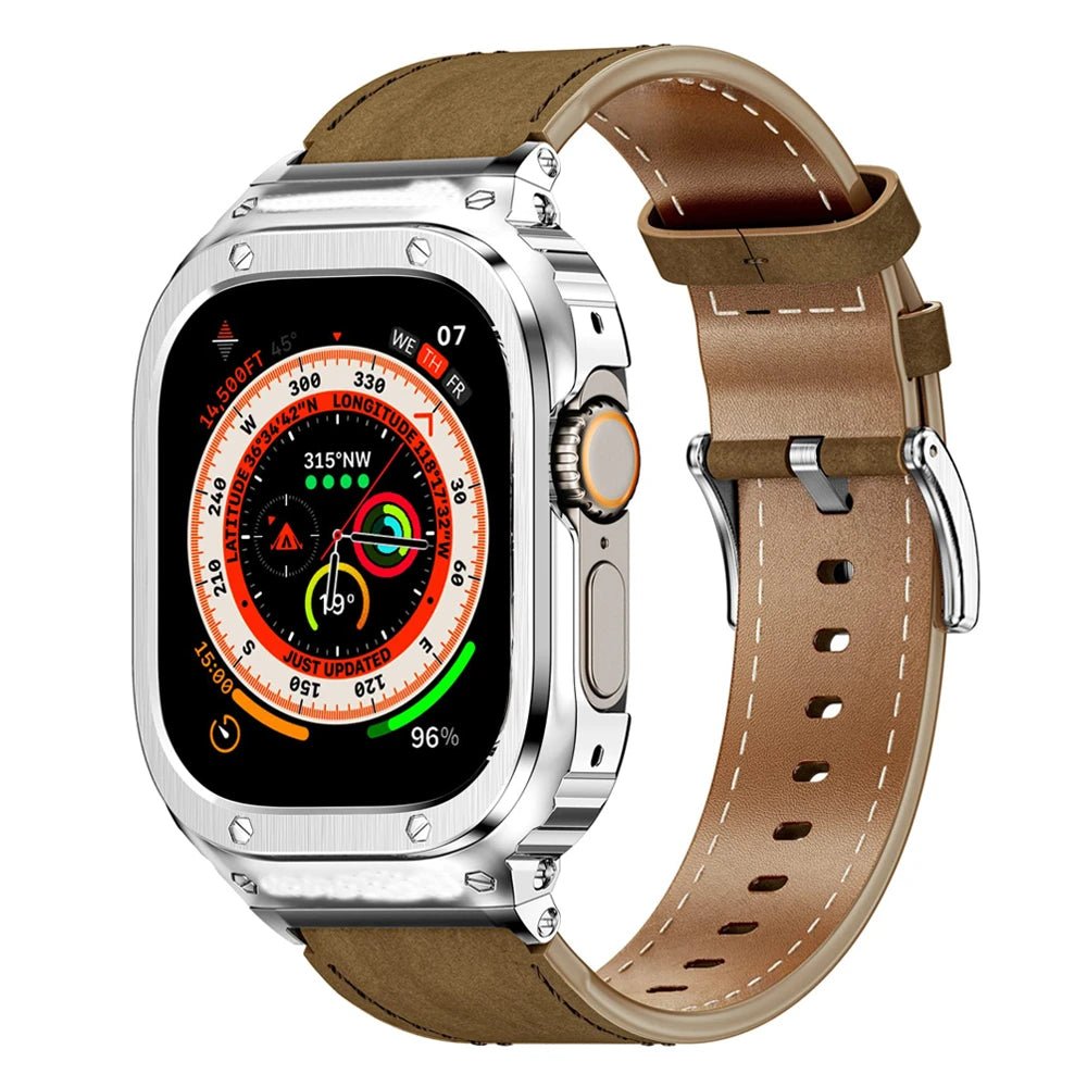Cinturino in pelle premium con cassa in acciaio inox per Apple Watch