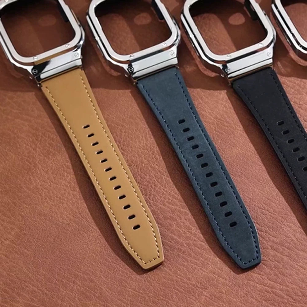 Cinturino in pelle premium con cassa in acciaio inox per Apple Watch