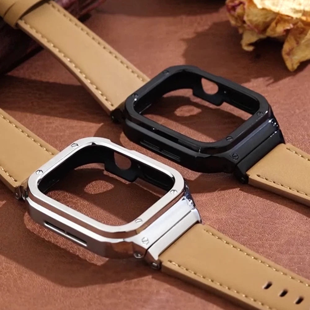 Cinturino in pelle premium con cassa in acciaio inox per Apple Watch