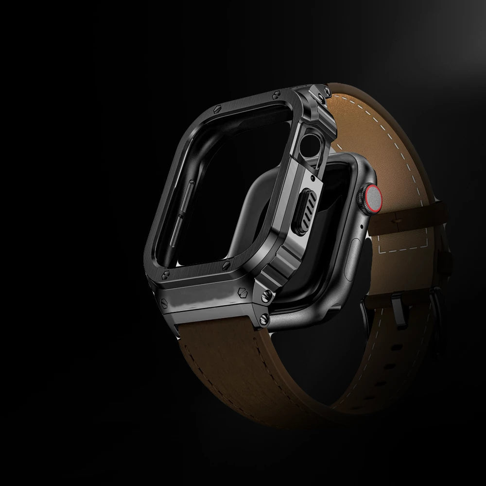Cinturino in pelle premium con cassa in acciaio inox per Apple Watch