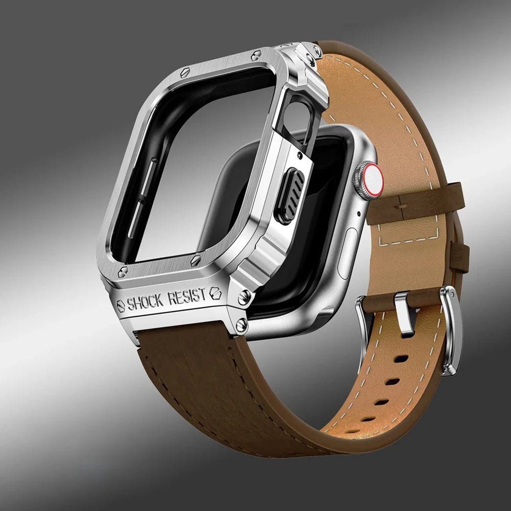 Cinturino in pelle premium con cassa in acciaio inox per Apple Watch