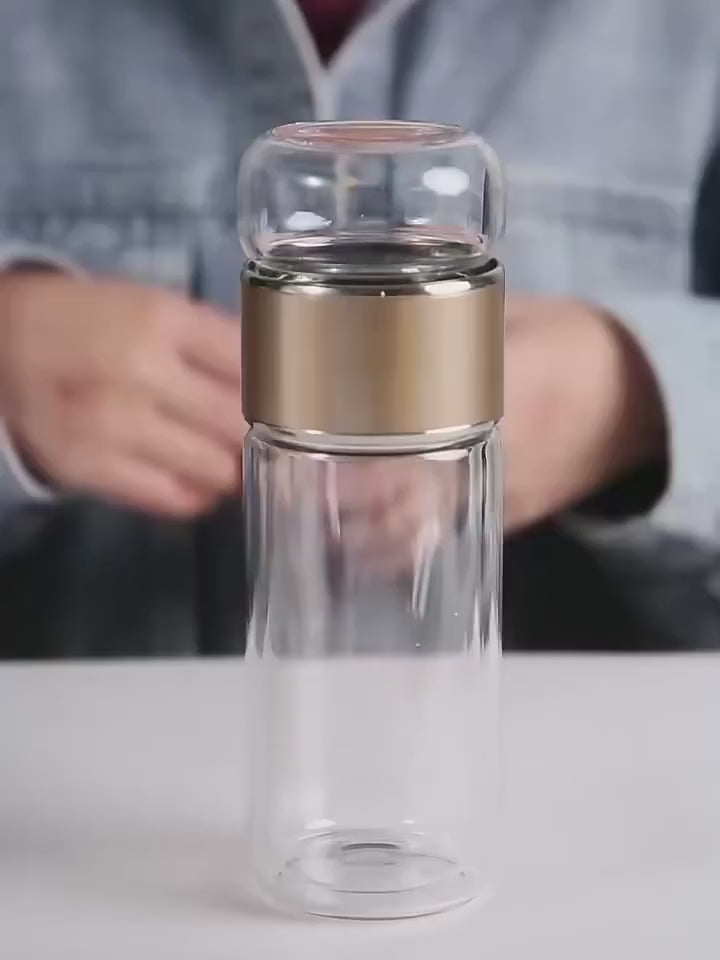 Glass Tea Infuser Bottle | Double-Wall Borosilicate Glass Tumbler with Stainless Steel Filter, Leakproof Lid & Sleeve | Hot & Cold Eco-Friendly Travel Bottle 14oz