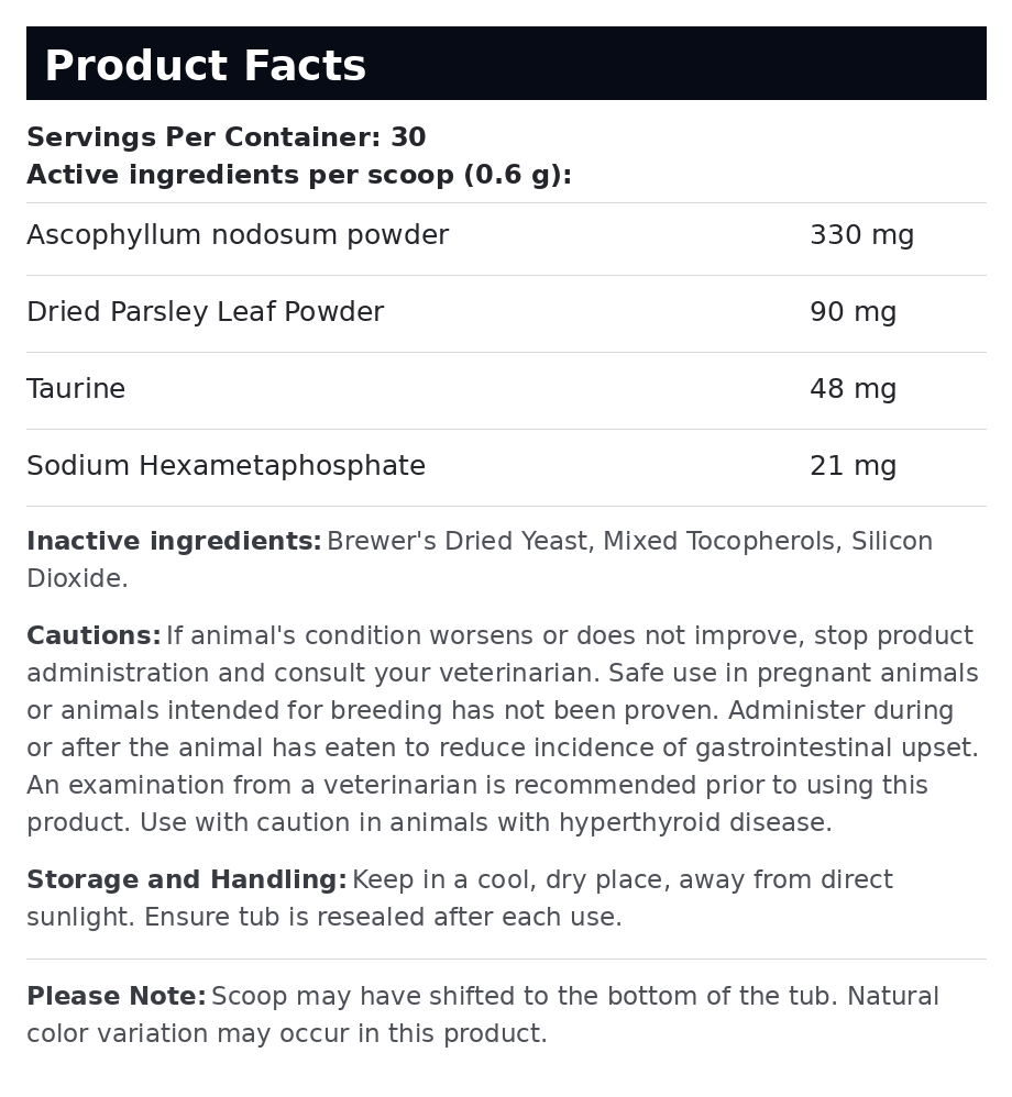 Product facts label of the dental powder