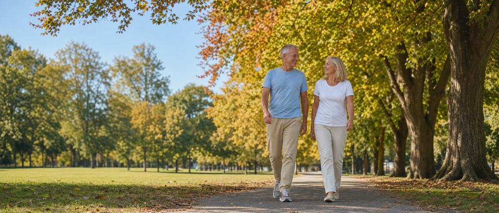 Older couple walking together through a sunny park in autumn