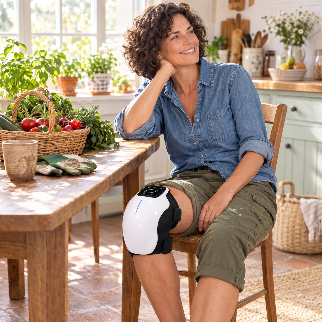 Woman resting in the kitchen after gardening with ThermaWrap on her knee