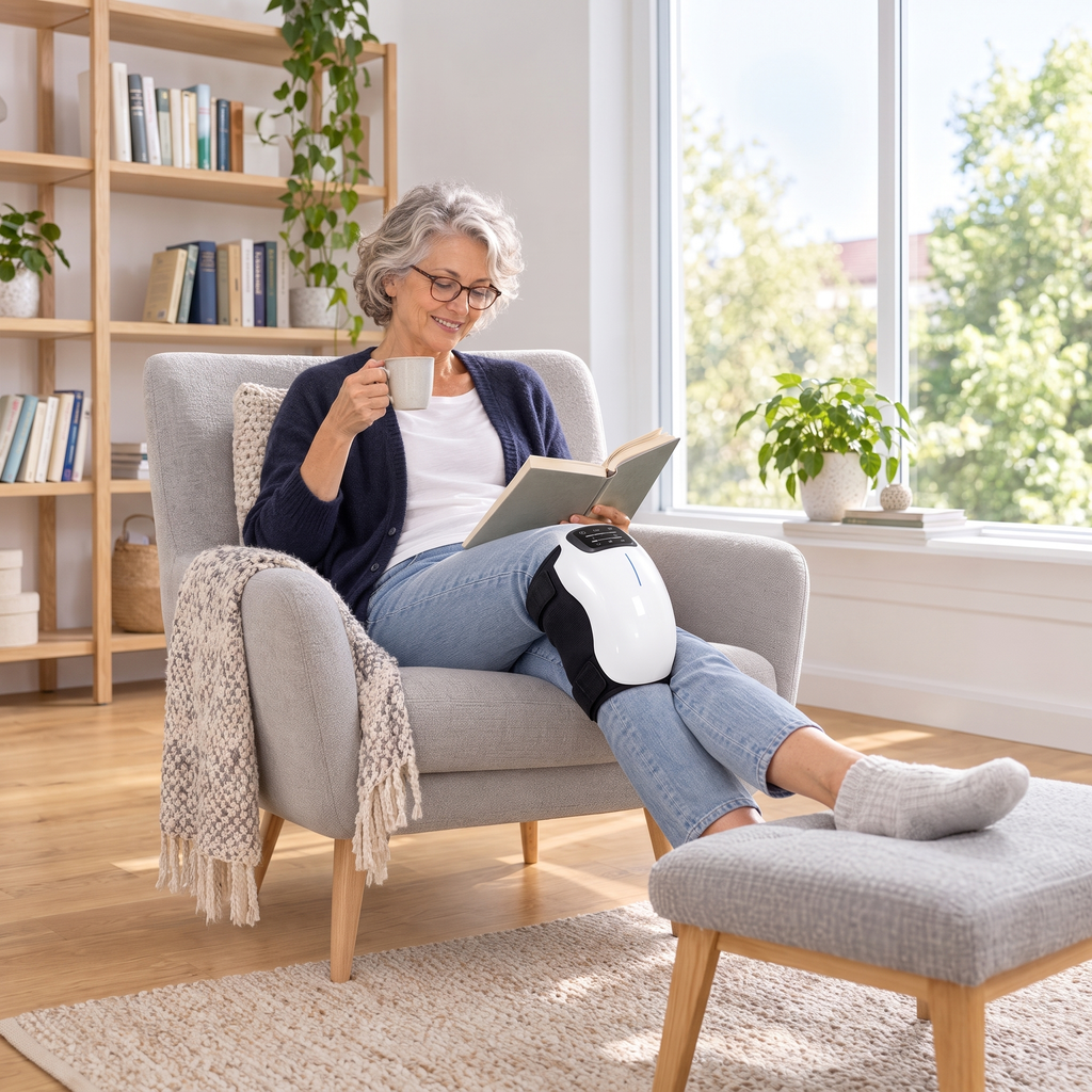 Woman relaxing in an armchair with tea while wearing ThermaWrap on her knee