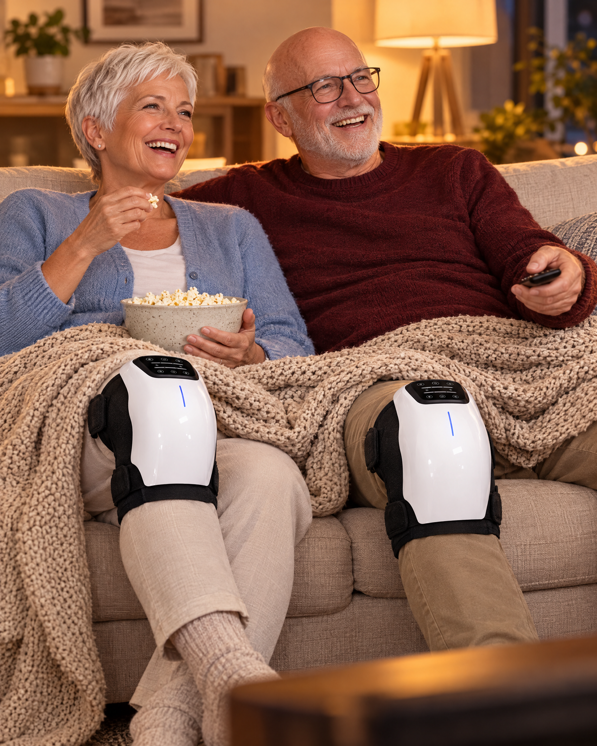 Couple on a sofa each wearing a knee massager while watching TV