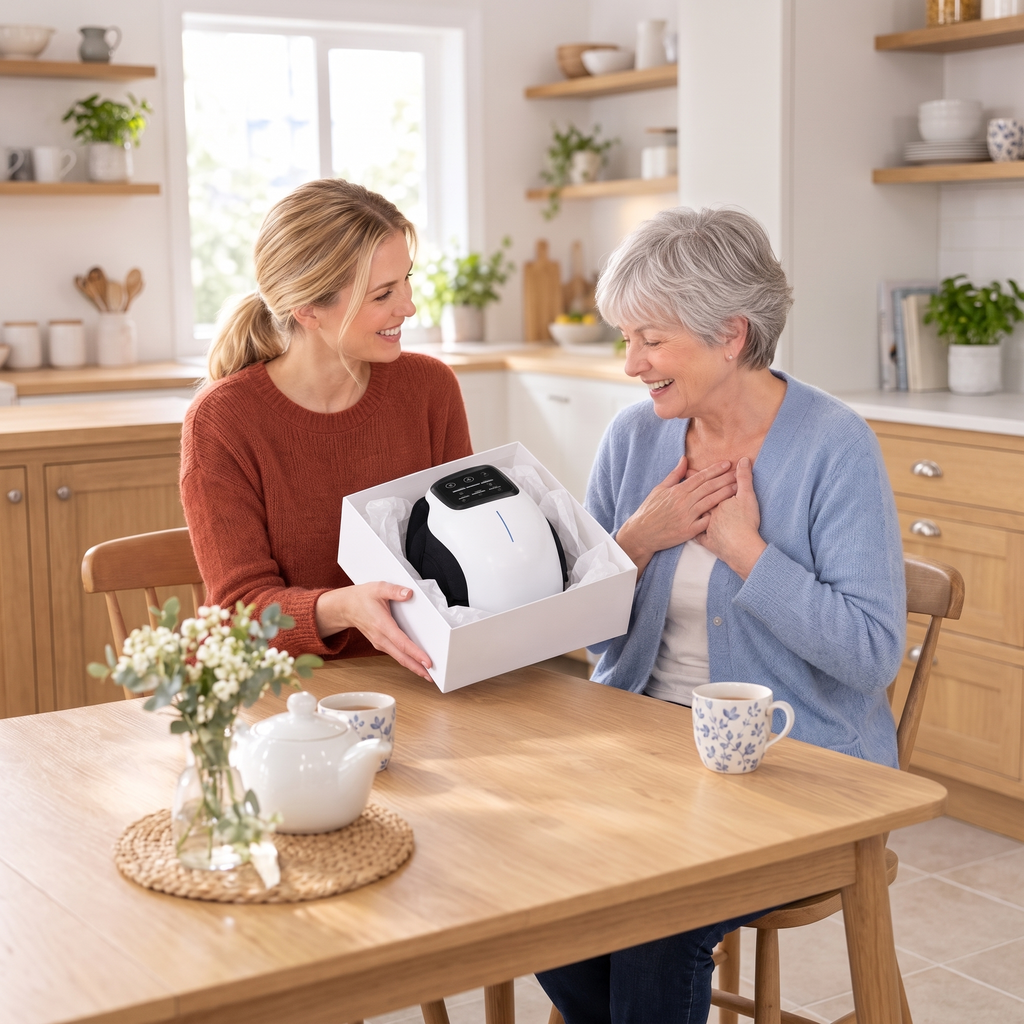 Daughter giving her mother a ThermaWrap knee massager as a gift