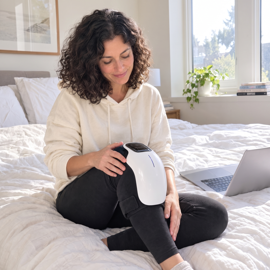 Woman using ThermaWrap in bed while working on a laptop