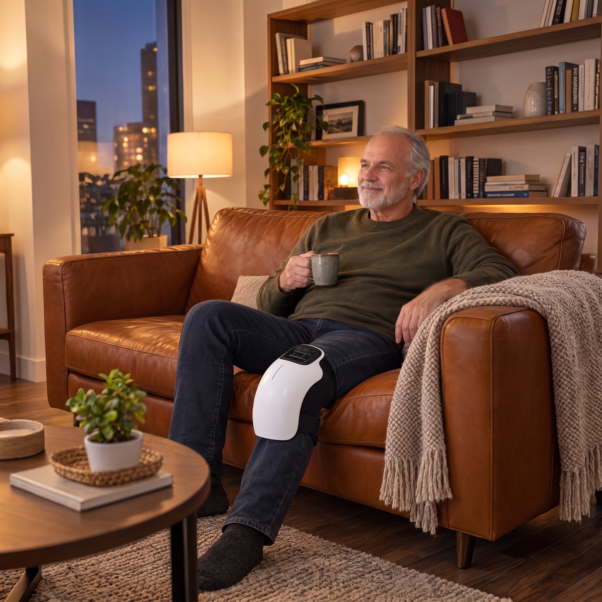 Man enjoying tea on a leather sofa with ThermaWrap on his knee
