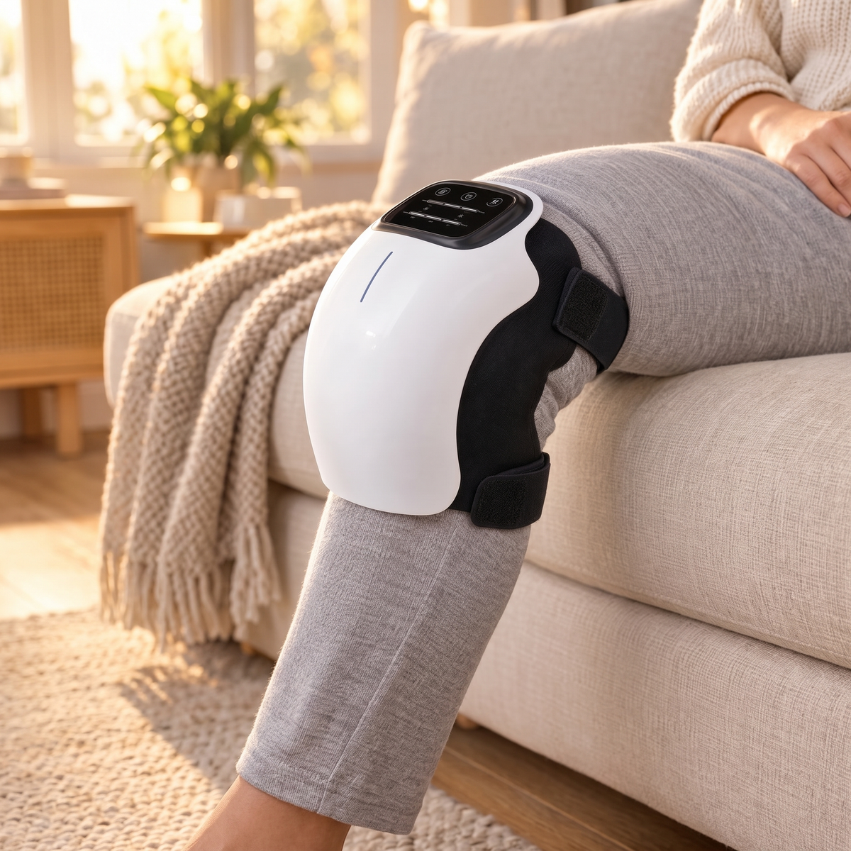 ThermaWrap strapped over the knee while relaxing on the sofa