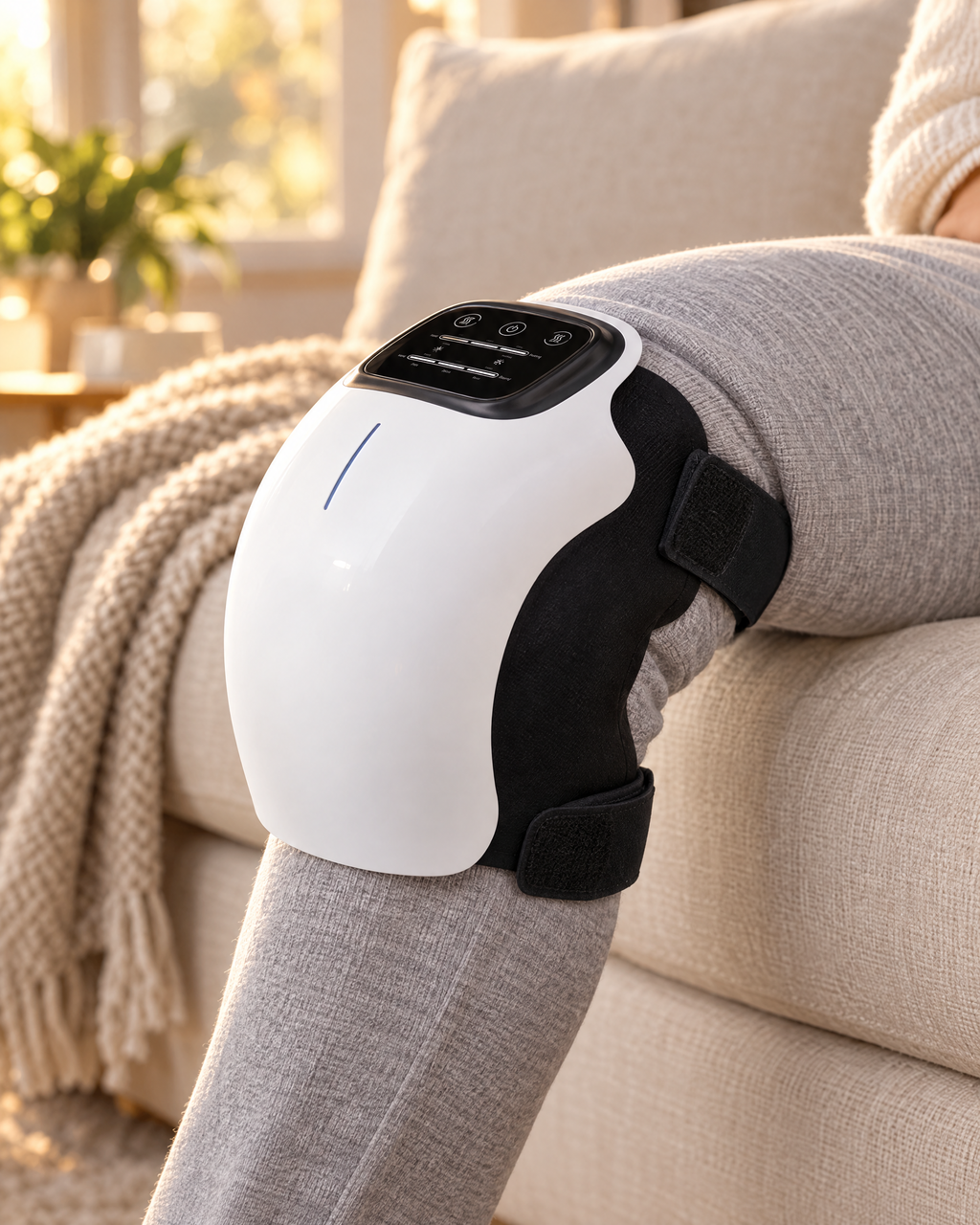 Close-up of the white knee massager sitting snugly over the knee