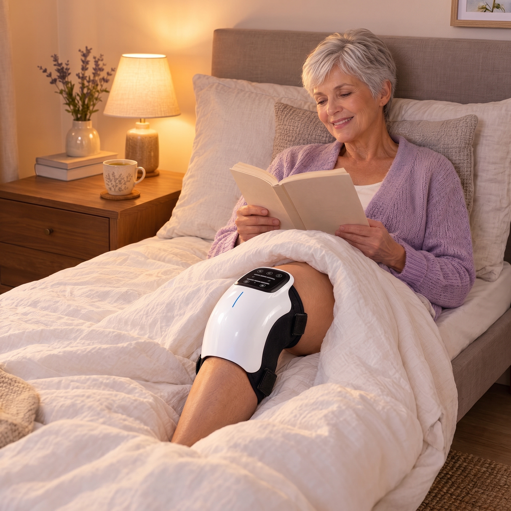 Woman reading in bed by lamplight with ThermaWrap on her knee