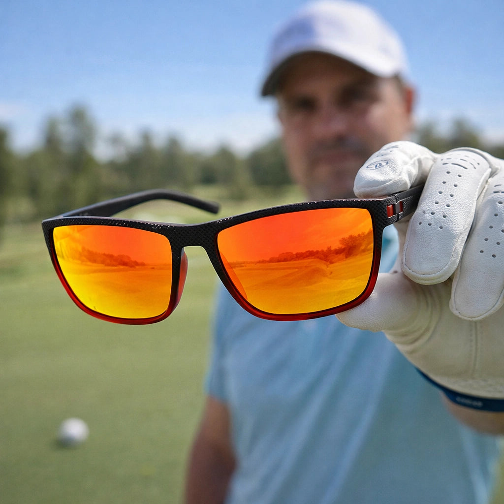 Golfer holding up polarized golf glasses with orange mirror lenses