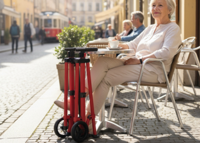 Folded walker standing next to a woman at an outdoor café