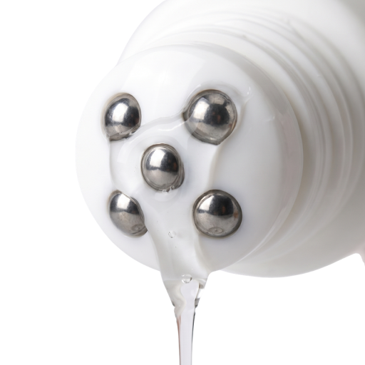 Close-up of five metal rollerballs on the tip of the tube