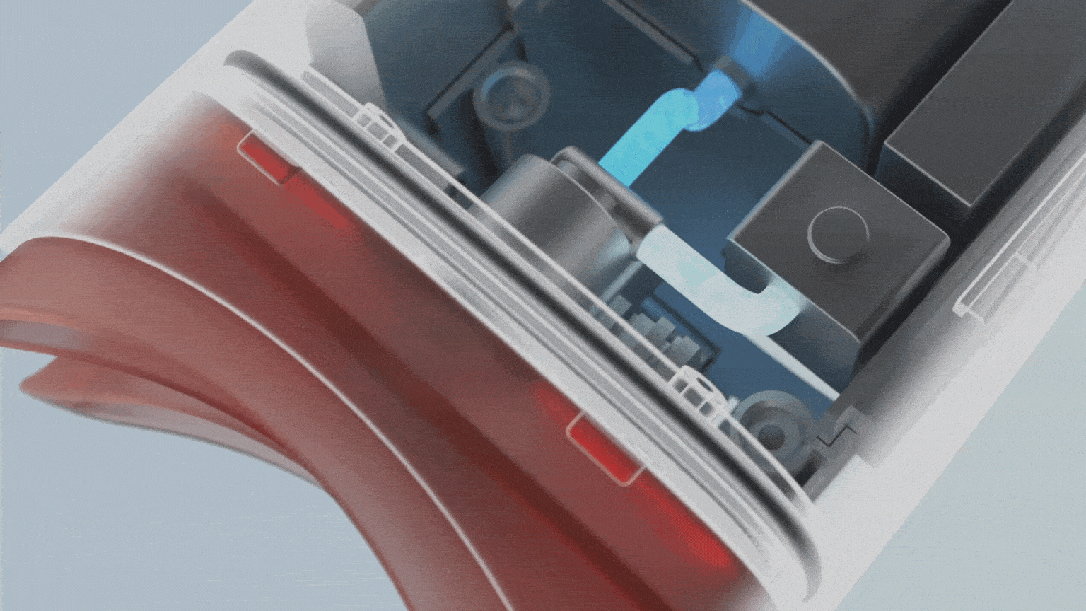 Cut-away view of the applicator showing the tank and red light inside