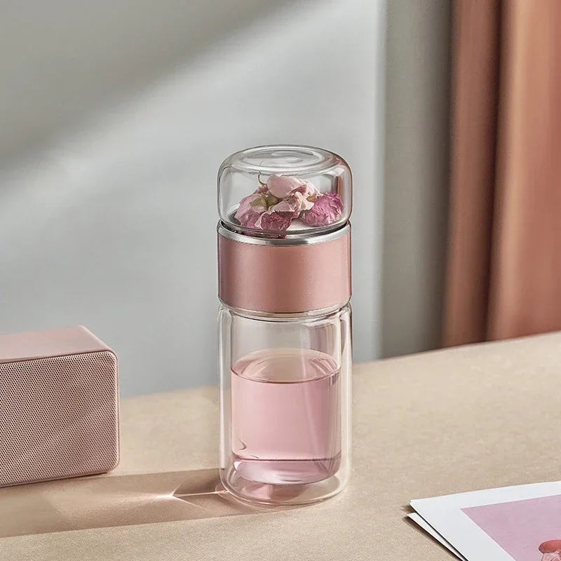 Glass Tea Infuser Bottle – Double-Wall, Separate Tea Chamber, Leakproof, 430 ml