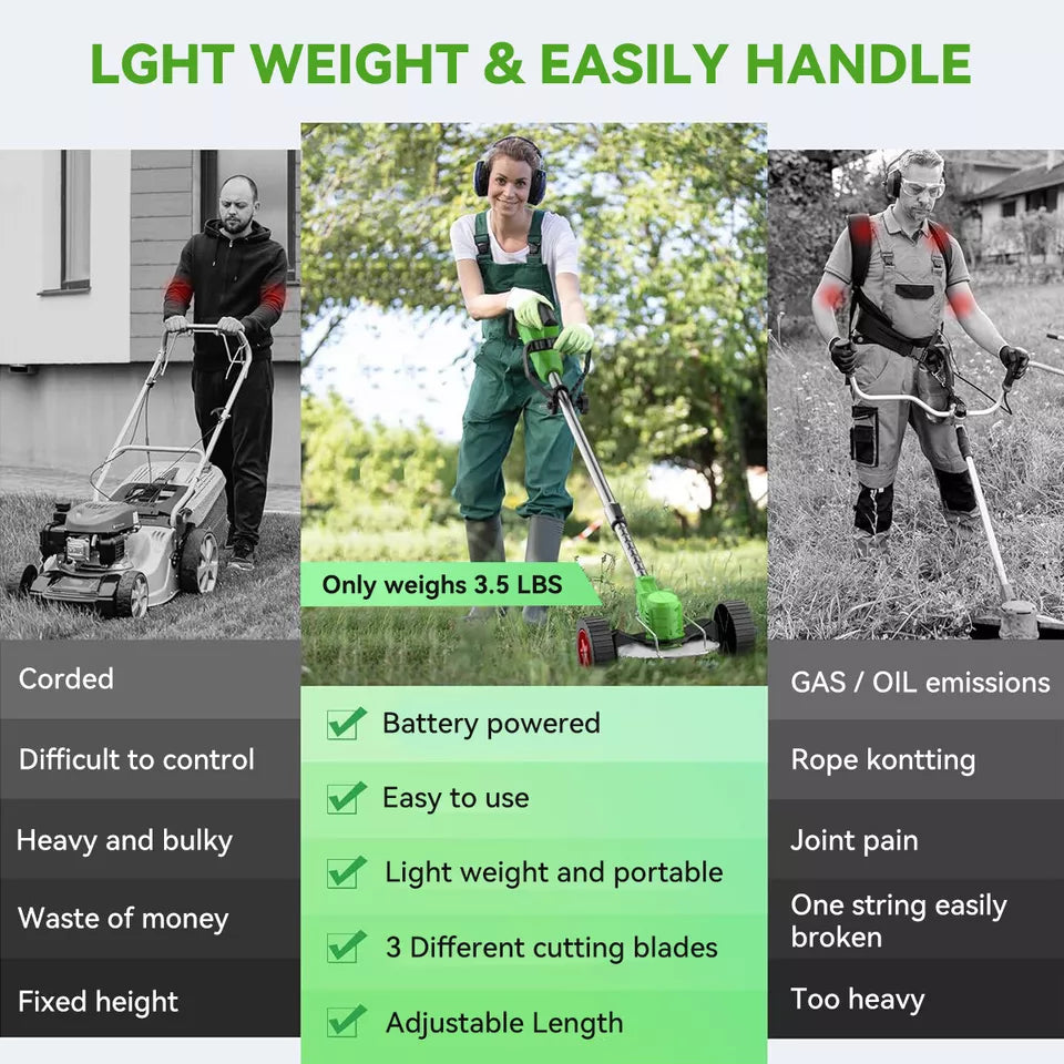 ماكينة إزالة الأعشاب الكهربائية اللاسلكية LawnMaster وقص العشب، تعمل بالبطارية