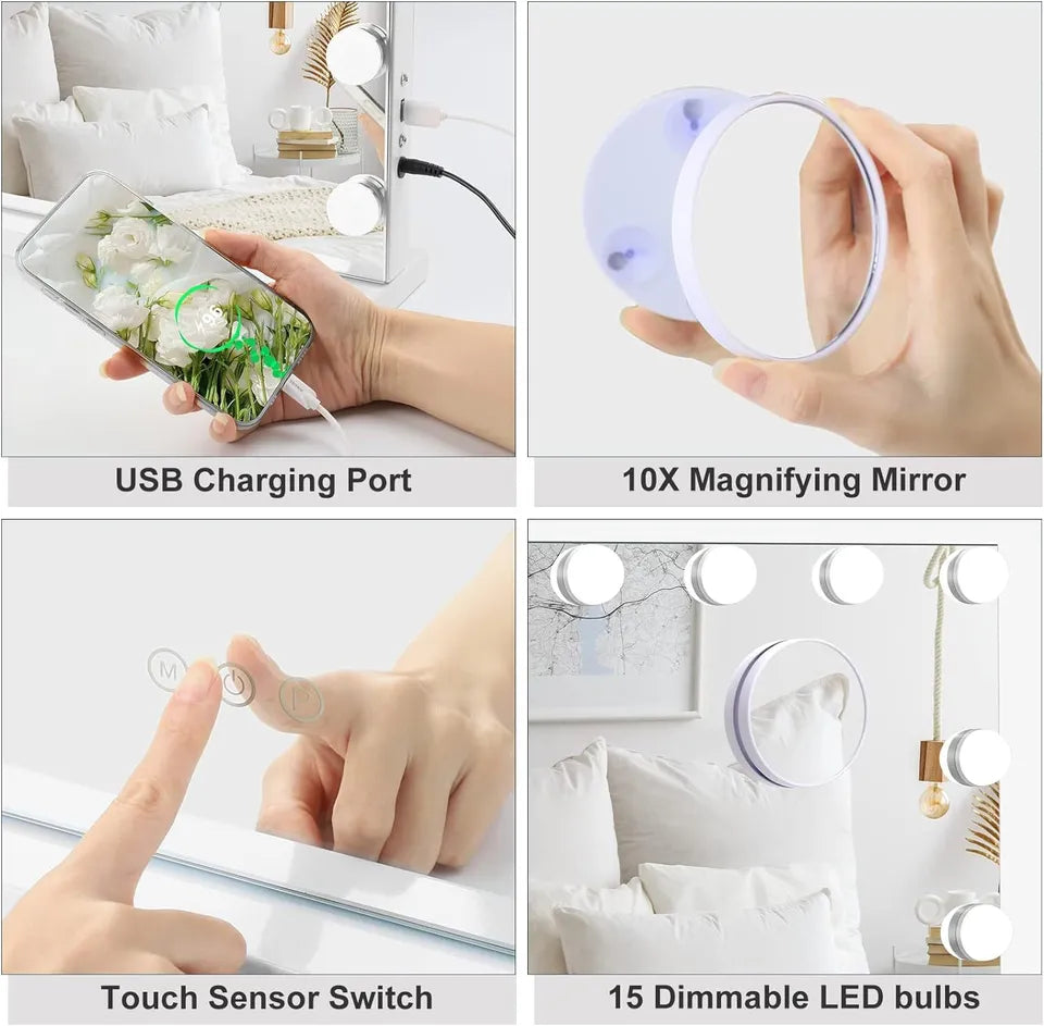 オーラビーム ハリウッド風 化粧鏡 調光可能な発光ダイオード電球付き